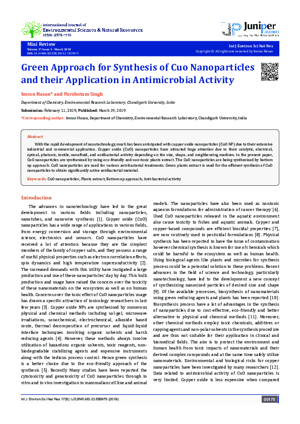 (PDF) Green Approach for Synthesis of Cuo Nanoparticles and their ...