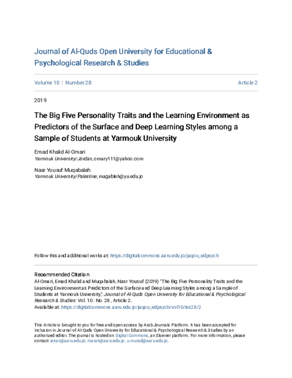 (PDF) The Big Five Personality Traits and the Learning Environment as ...