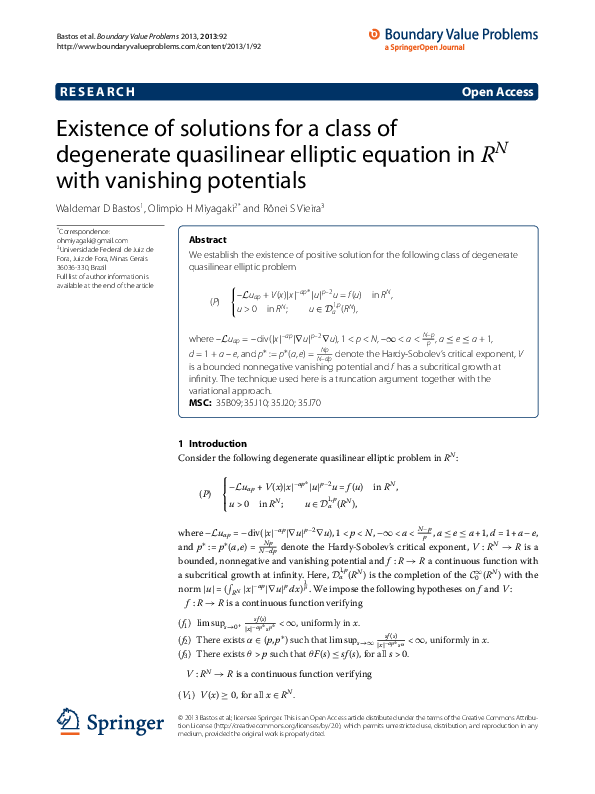 (PDF) Existence of solutions for a class of degenerate quasilinear ...