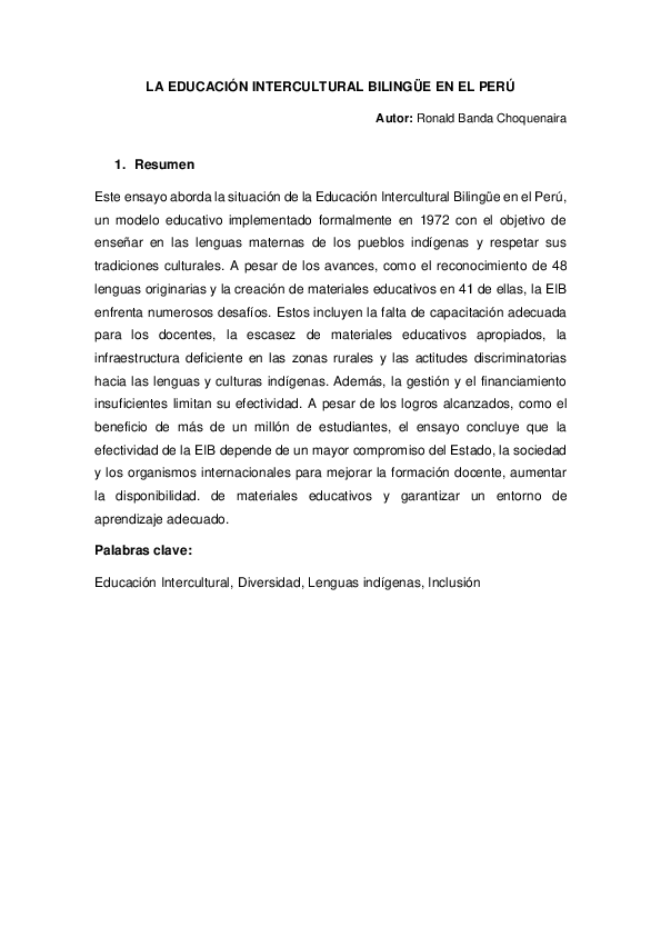 (PDF) LA EDUCACIÓN INTERCULTURAL BILINGÜE EN EL PERÚ