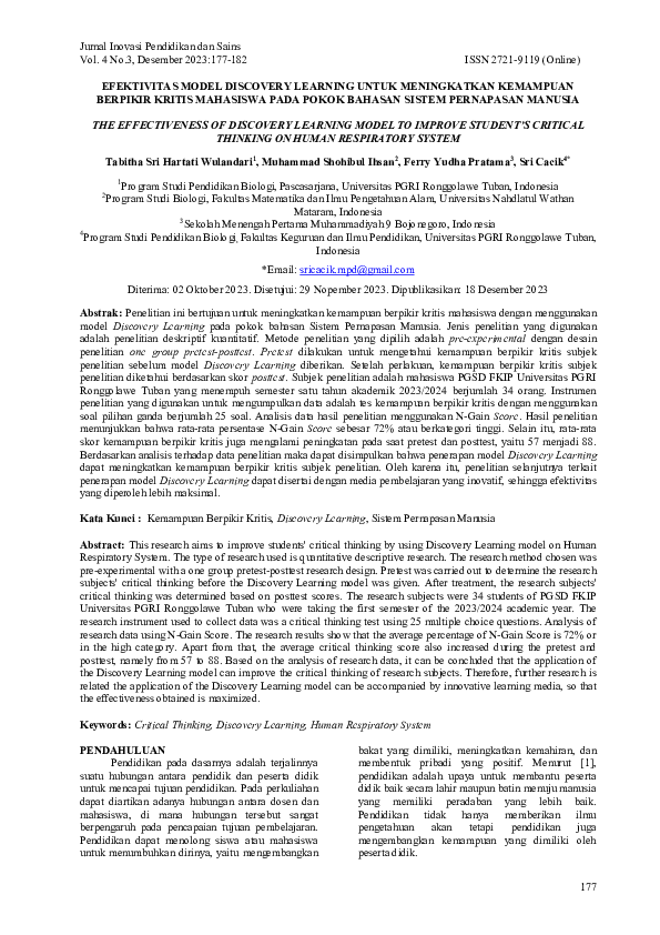 (PDF) The Effectiveness of Discovery Learning Model to Improve Student ...