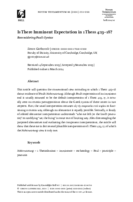 (PDF) Is There Imminent Expectation in 1 Thess 4:13-18? Reconsidering ...