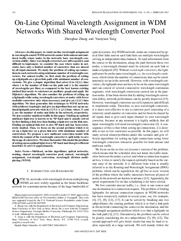 (PDF) On-Line Optimal Wavelength Assignment in WDM Networks With Shared ...