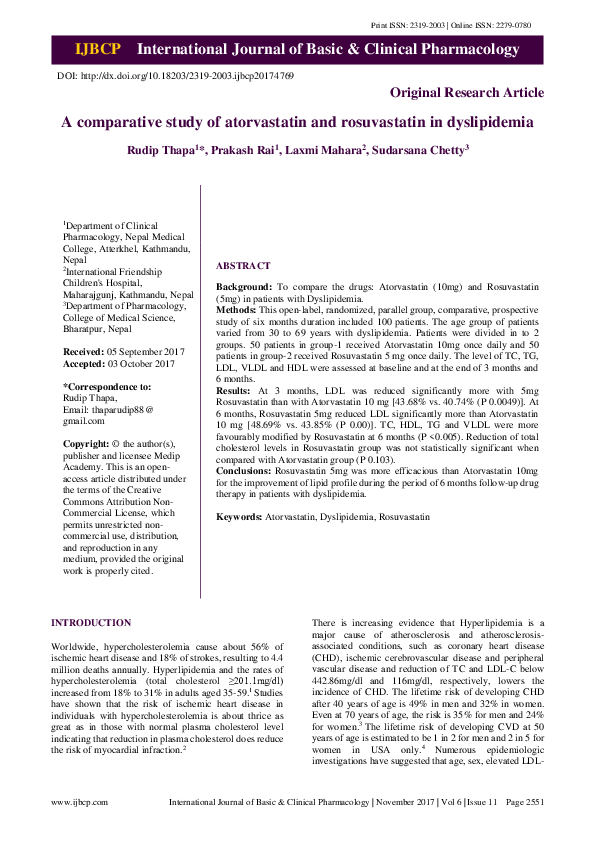 (PDF) A comparative study of atorvastatin and rosuvastatin in dyslipidemia