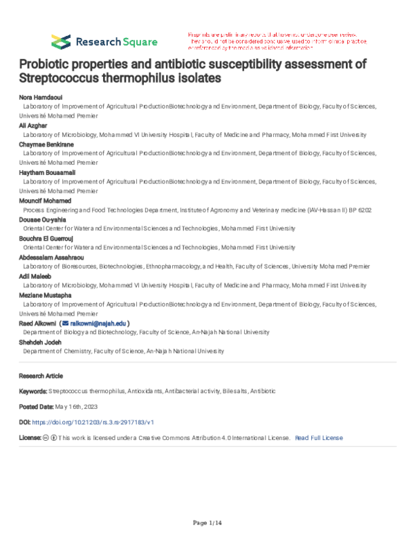 (PDF) Probiotic properties and antibiotic susceptibility assessment of ...
