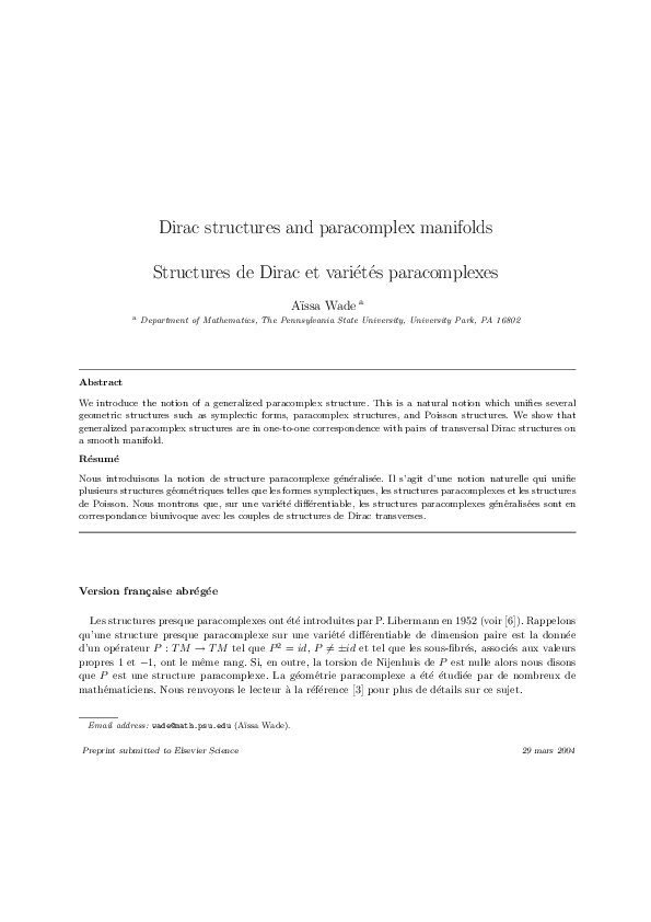 (PDF) Dirac structures and paracomplex manifolds Structures de Dirac et ...