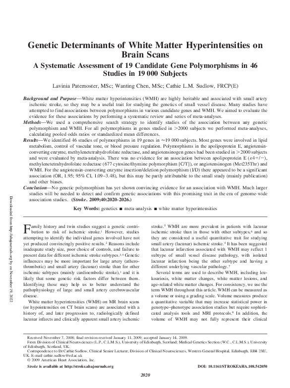 (PDF) Genetic Determinants of White Matter Hyperintensities on Brain Scans