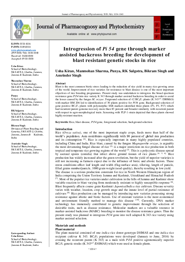 (PDF) Introgression of Pi 54 gene through marker assisted backcross ...