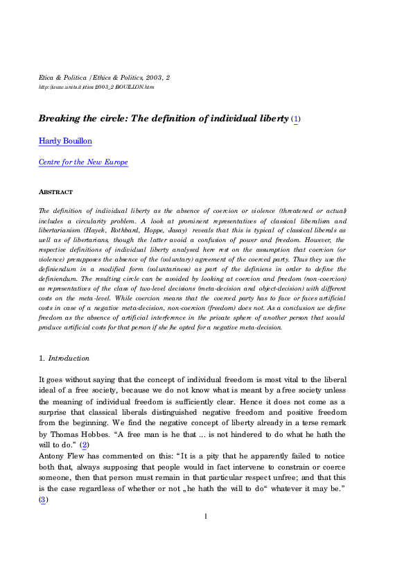 (PDF) Breaking the circle: The definition of individual liberty
