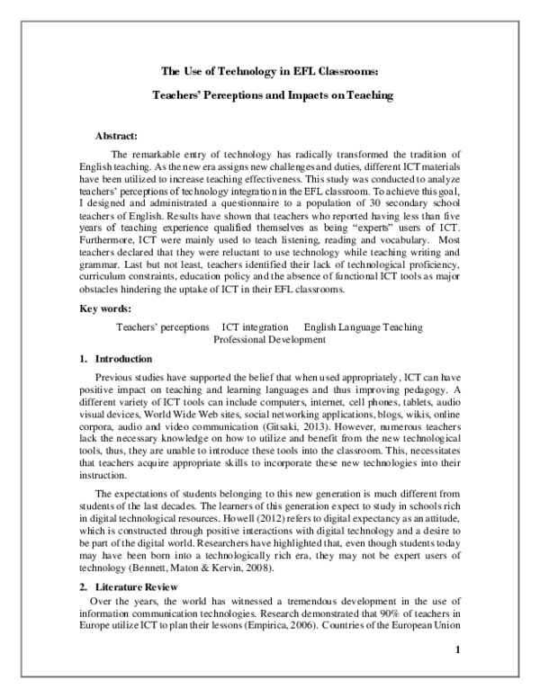(PDF) The Use of Technology in EFL Classrooms: Teachers' Perceptions ...
