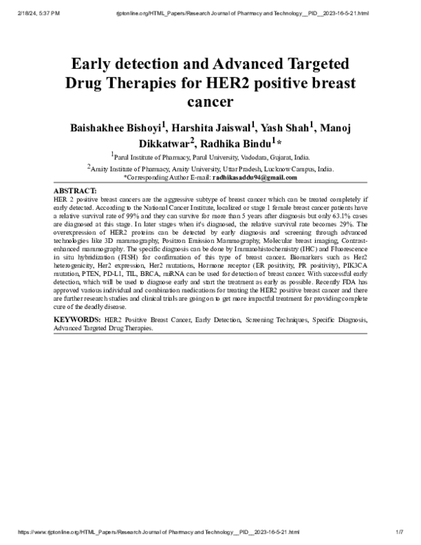 Pdf Early Detection And Advanced Targeted Drug Therapies For Her2