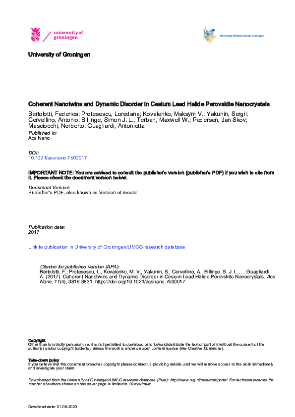 (PDF) Coherent Nanotwins and Dynamic Disorder in Cesium Lead Halide ...
