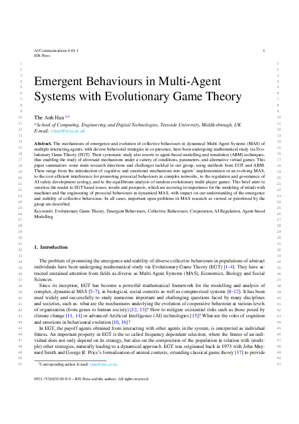 (PDF) Emergent behaviours in multi-agent systems with Evolutionary Game ...