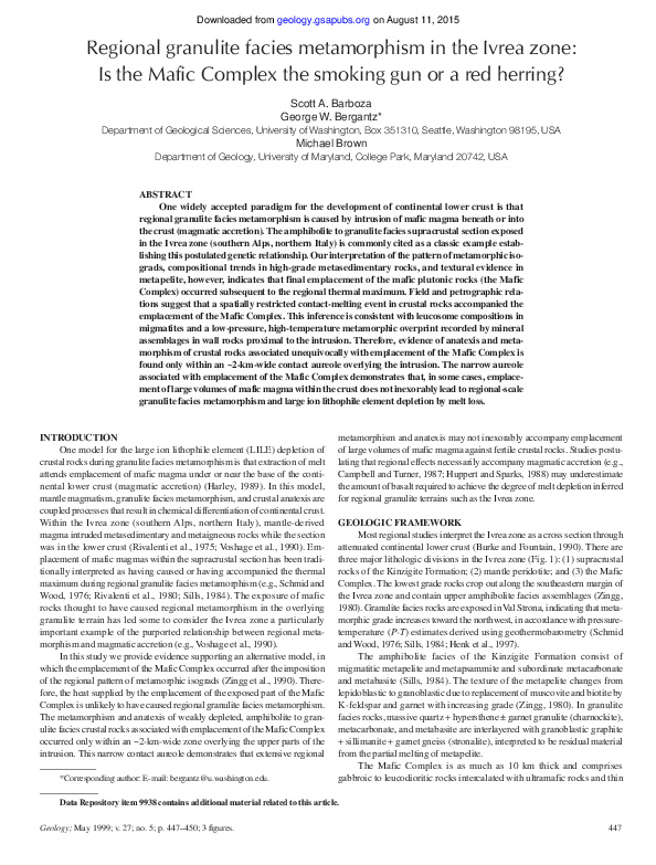 (PDF) Regional granulite facies metamorphism in the Ivrea zone: Is the ...