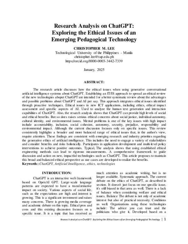 (PDF) Research Analysis on ChatGPT: Exploring the Ethical Issues of an ...