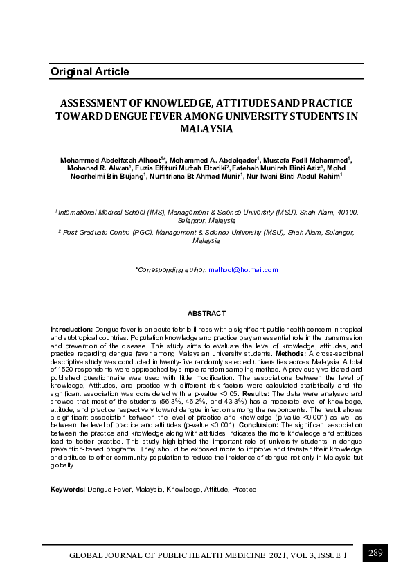 (PDF) Assessment of Knowledge, Attitudes and Practice Toward Dengue ...