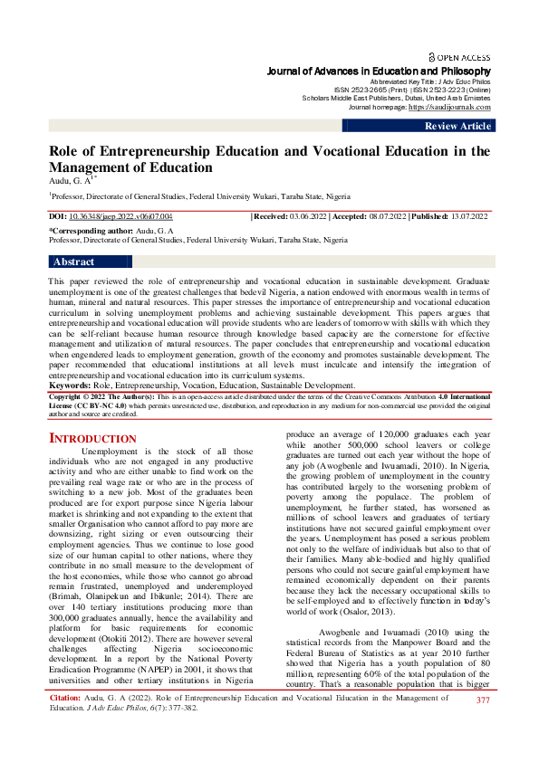 (PDF) Role of Entrepreneurship Education and Vocational Education in ...