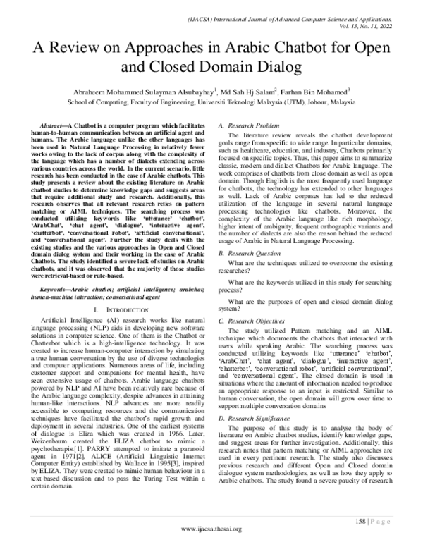 (PDF) A Review on Approaches in Arabic Chatbot for Open and Closed ...