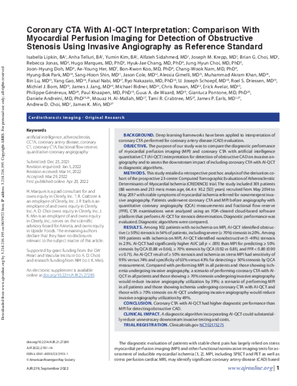 (PDF) Coronary CTA With AI-QCT Interpretation: Comparison With ...