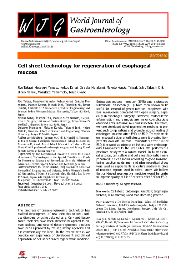 (PDF) Cell sheet technology for regeneration of esophageal mucosa