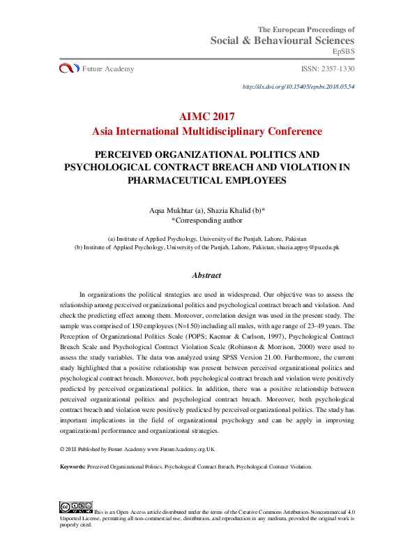 (PDF) Perceived Organizational Politics And Psychological Contract ...