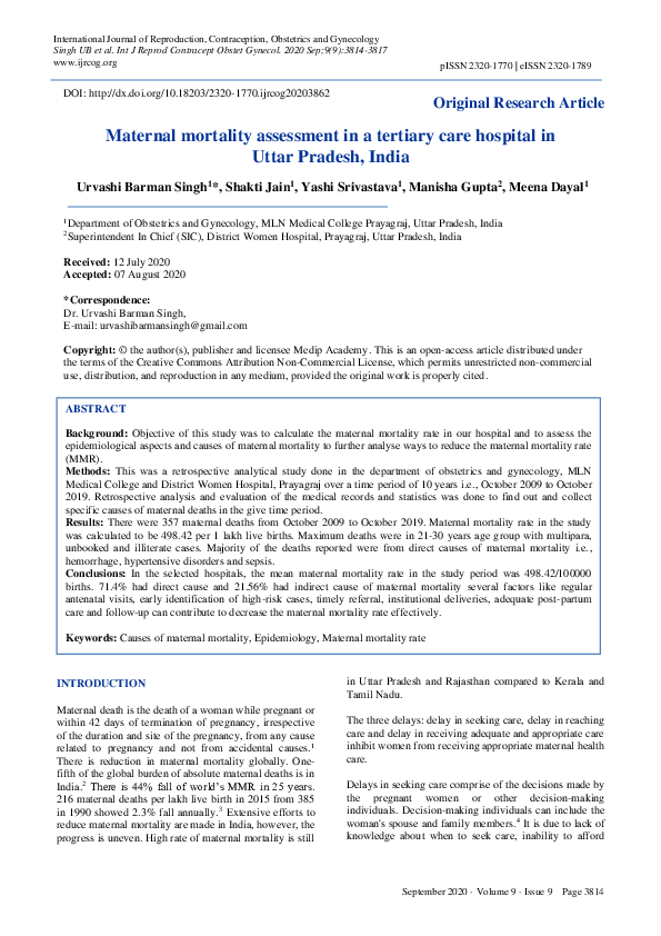 (PDF) Maternal mortality assessment in a tertiary care hospital in ...
