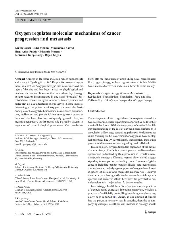 (PDF) Oxygen regulates molecular mechanisms of cancer progression and ...