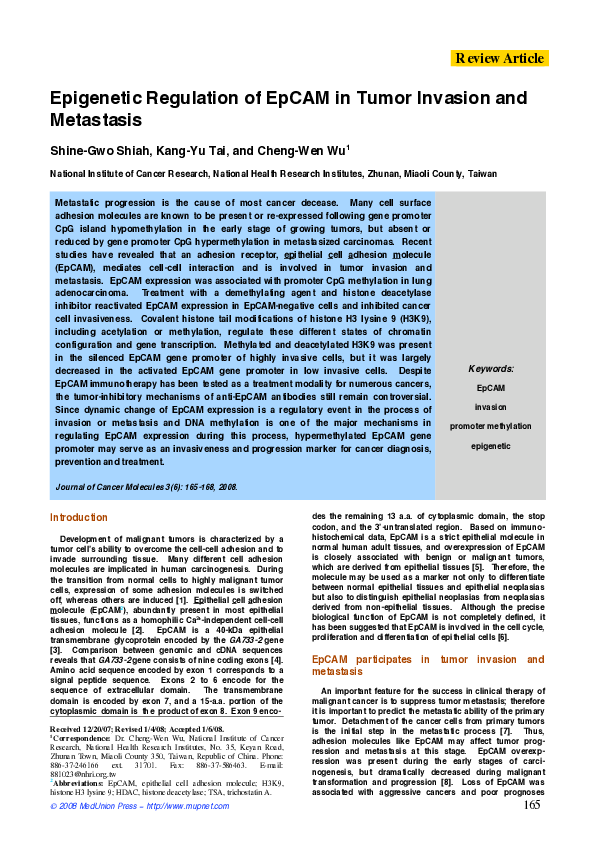 (PDF) Epigenetic Regulation of EpCAM in Tumor Invasion and Metastasis