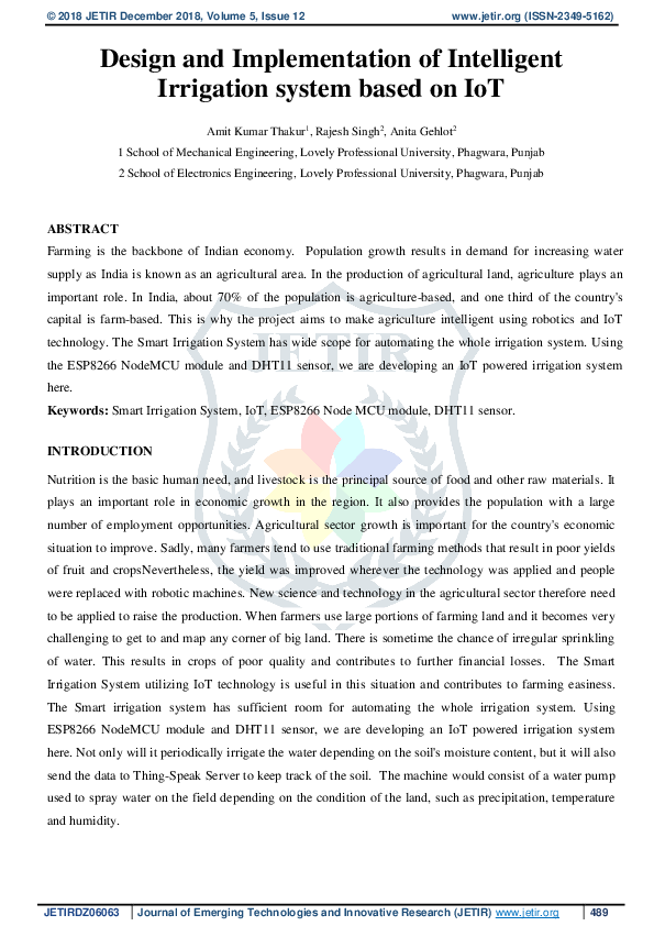 (PDF) Design and Implementation of Intelligent Irrigation system based ...