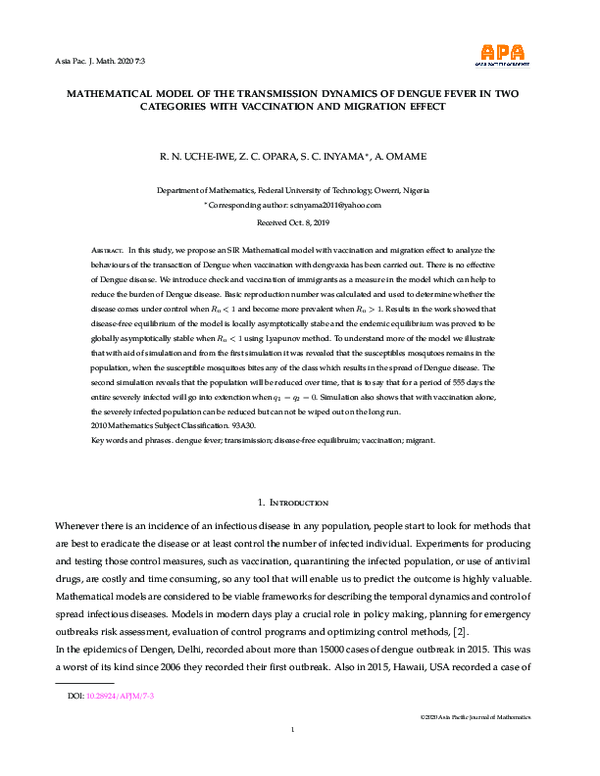 (PDF) Mathematical Model of the Transmission Dynamics of Dengue Fever ...