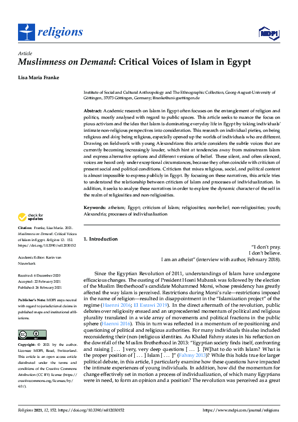 (PDF) Muslimness on Demand: Critical Voices of Islam in Egypt