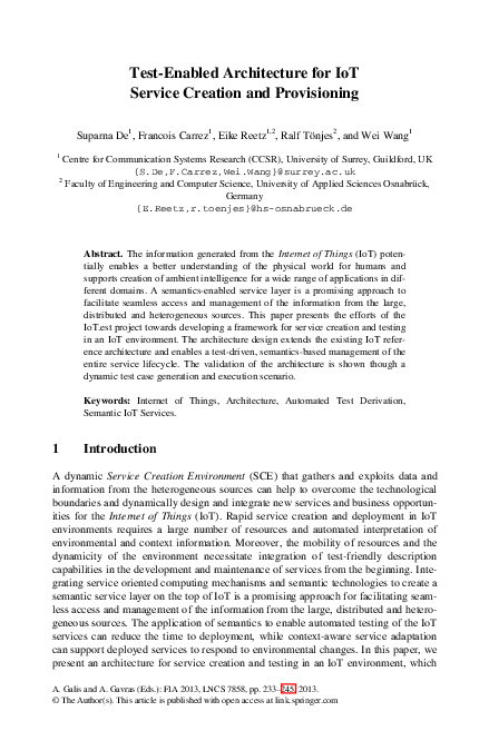 (PDF) Test-enabled architecture for IoT service creation and provisioning