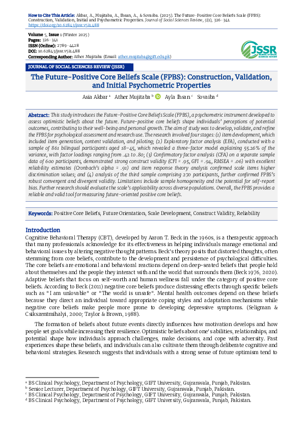 (PDF) The Future-Positive Core Beliefs Scale (FPBS): Construction ...