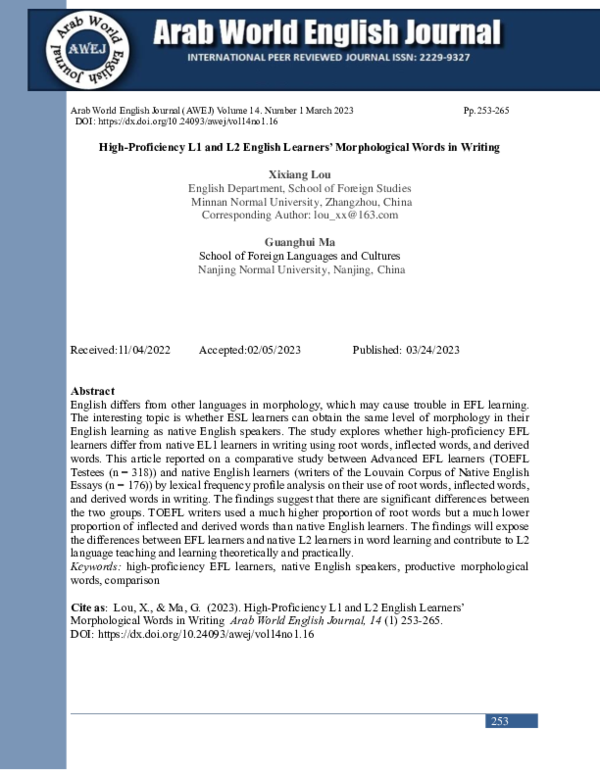 (PDF) High-Proficiency L1 and L2 English Learners’ Morphological Words ...