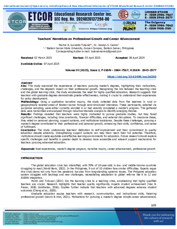 (PDF) Teachers' Narratives on Professional Growth and Career Advancement