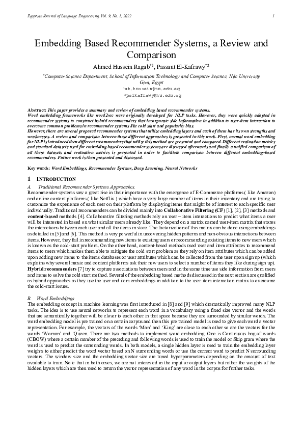 (PDF) Embedding Based Recommender systems, a review and comparison