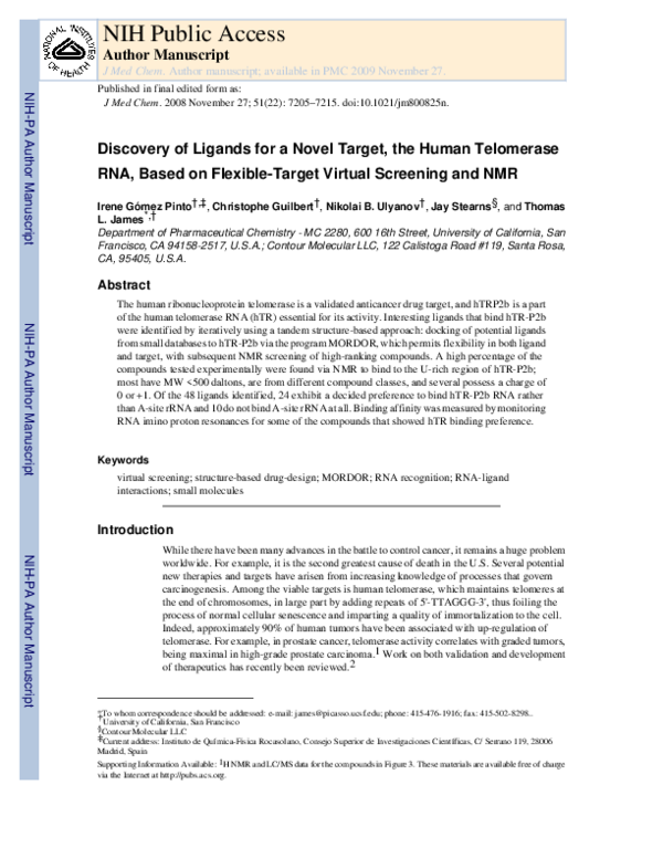 (PDF) Discovery of Ligands for a Novel Target, the Human Telomerase RNA ...