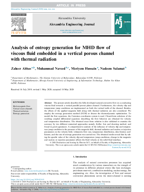 (PDF) Analysis of entropy generation for MHD flow of viscous fluid ...