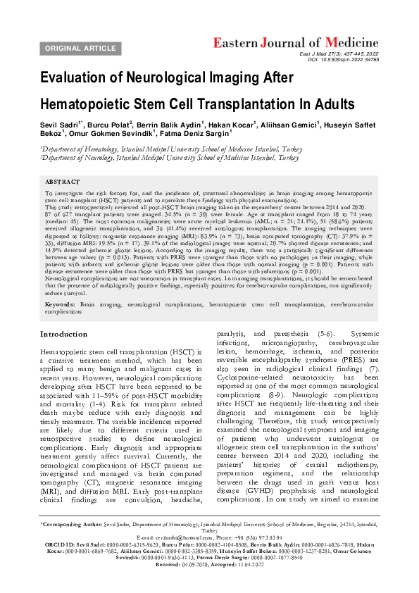(PDF) Evaluation of neurological imaging after hematopoietic stem cell ...
