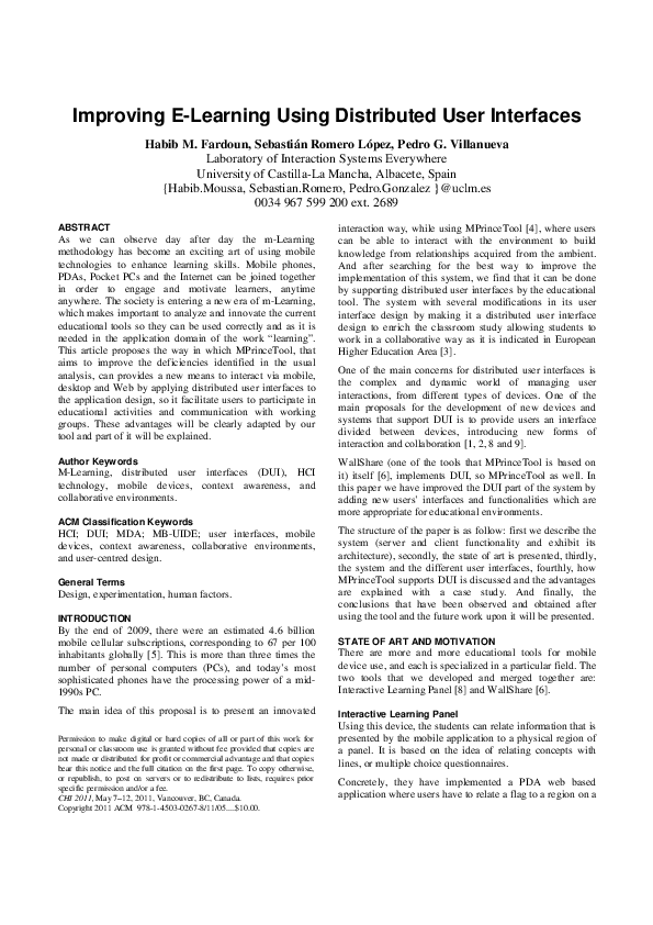 (PDF) Improving E-Learning Using Distributed User Interfaces