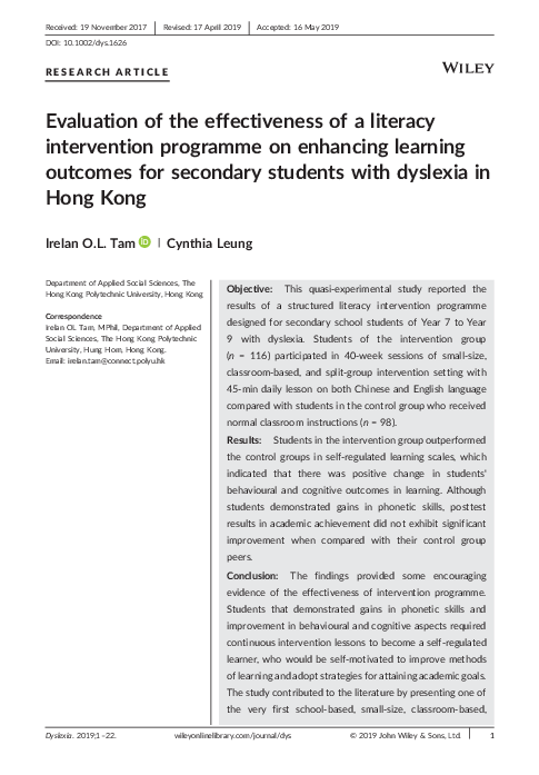 (PDF) Evaluation of the effectiveness of a literacy intervention ...