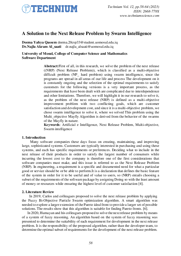 (PDF) A Solution to the Next Release Problem by Swarm Intelligence