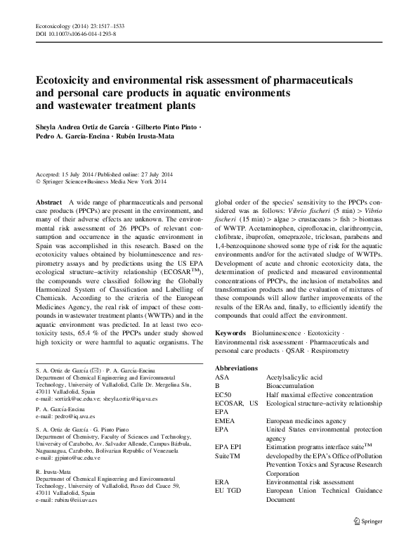(PDF) Ecotoxicity and Environmental Risk Assessment of Larvicides Used ...