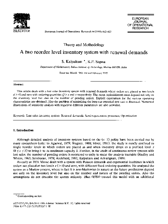 (PDF) A two reorder level inventory system with renewal demands