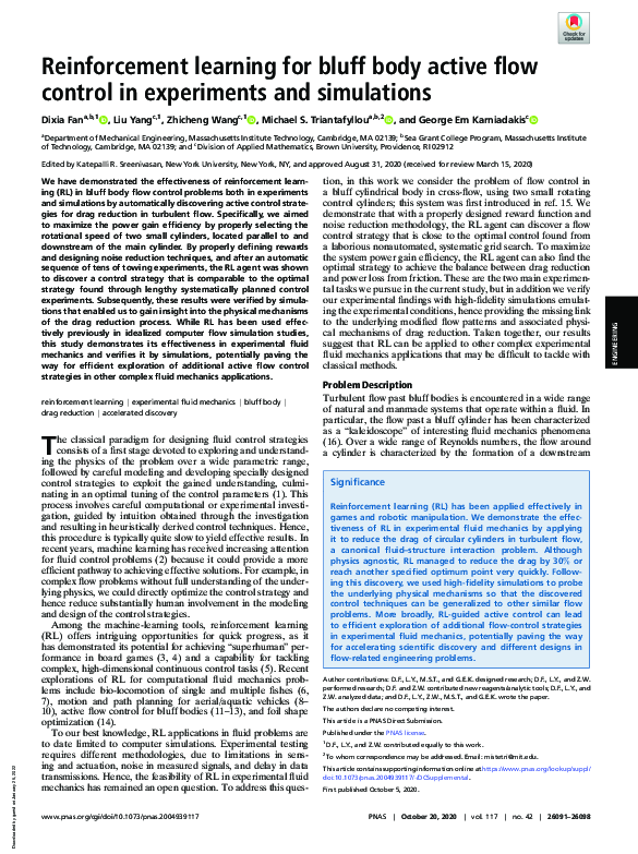 (PDF) Reinforcement learning for bluff body active flow control in ...