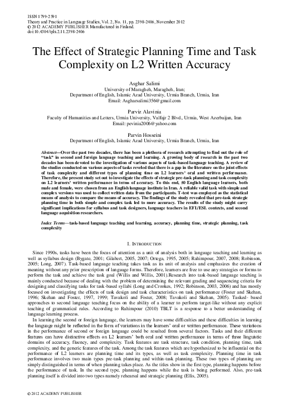 (PDF) The Effect of Strategic Planning Time and Task Complexity on L2 ...