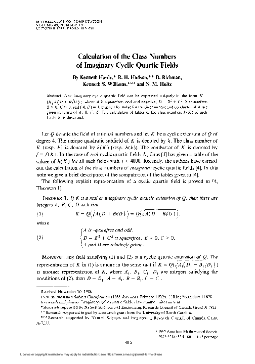 (PDF) Calculation of the Class Numbers of Imaginary Cyclic Quartic Fields