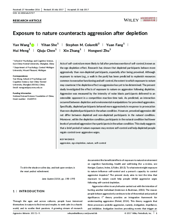 (PDF) Exposure to nature counteracts aggression after depletion