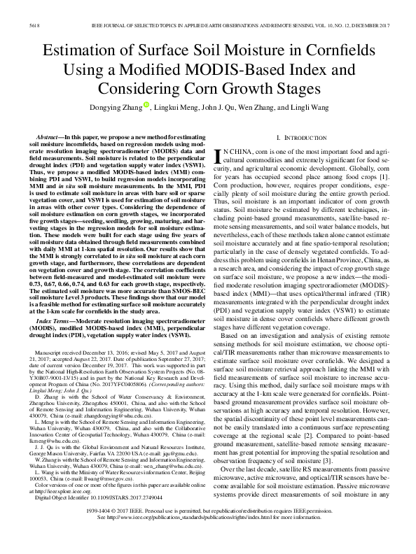 (PDF) Estimation of Surface Soil Moisture in Cornfields Using a ...