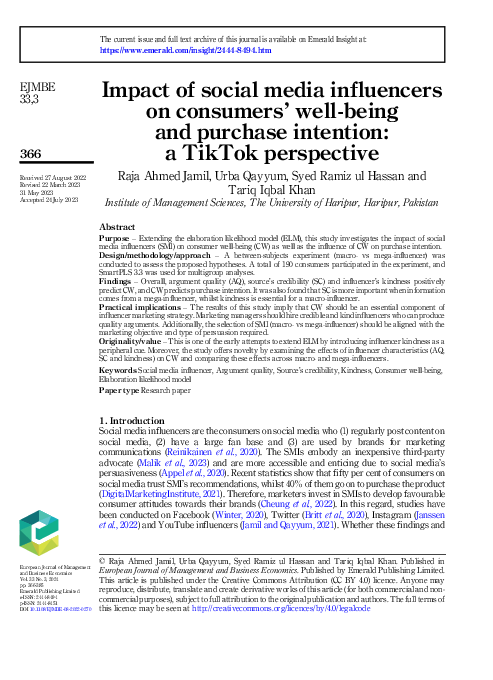 (PDF) Impact of social media influencers on consumers' well-being and ...